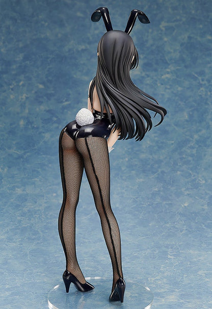 Anime figure of a woman with black hair and bunny ears wearing a black bunny suit and fishnet stockings
