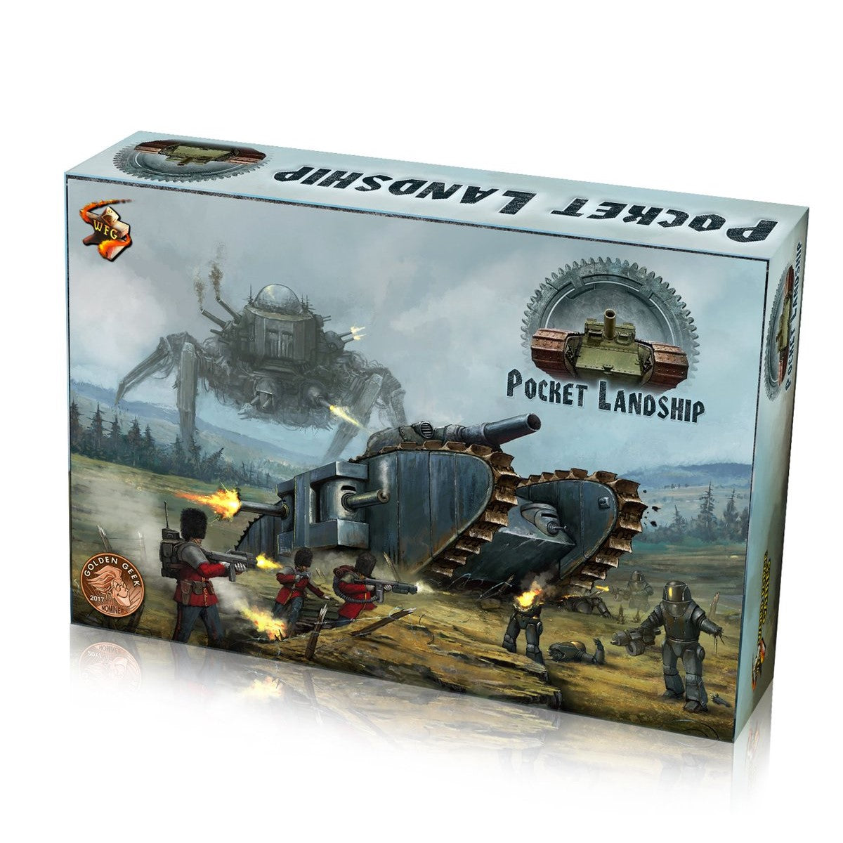 Pocket Landship game box artwork: A dynamic steampunk battle with a tank -  soldiers firing -  and a giant spider mech