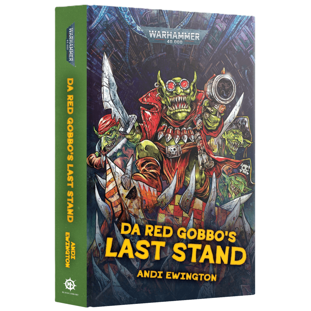 Book cover, "Da Red Gobbo's Last Stand" Illustration of a green goblin leader in a red coat, holding a cannon/gun