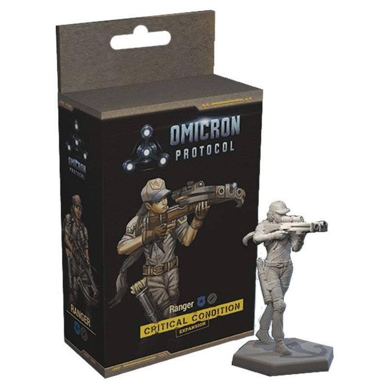 Omicron Protocol 'Ranger' game box next to an unpainted grey female miniature aiming a rifle