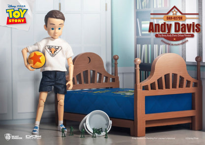 Andy Davis Toy Story Deluxe Version action figure holding a ball in his room with toy soldiers