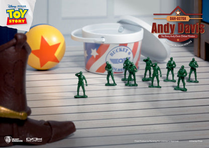 Toy Story green army men and bucket of soldiers with Woody's boot and ball