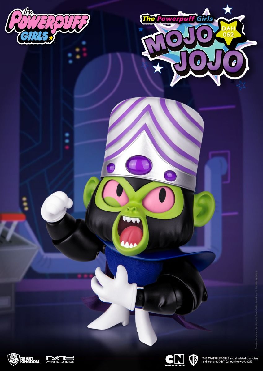 A Mojo Jojo Powerpuff Girls action figure with green face, pink eyes, striped turban, and blue cape, shouting