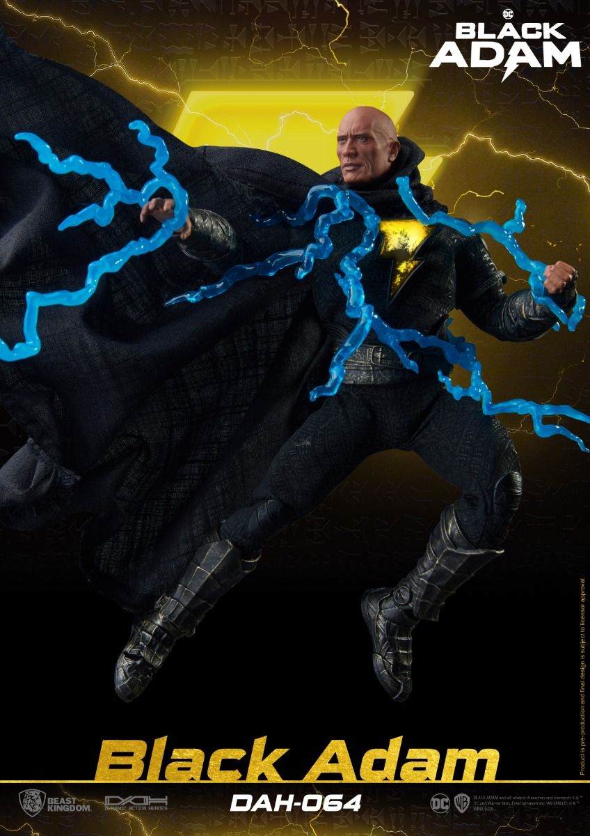 Rear view showing flowing cape and lightning bolt emblem on Black Adam’s back