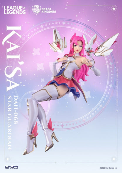 Kai'Sa Star Guardian action figure with pink hair and white blue and pink outfit posing with a rabbit companion