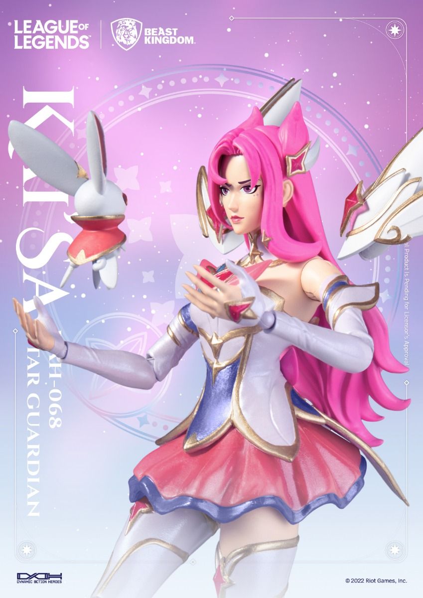 Pink-haired anime-style Star Guardian action figure from League of Legends by Beast Kingdom holding a small floating rabbit companion