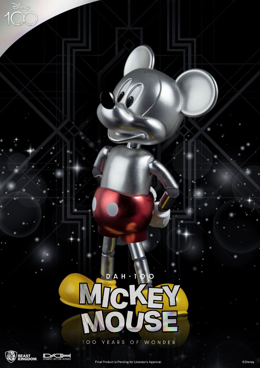 Shiny silver Mickey Mouse figure in red shorts and yellow shoes standing in a black background with light effects and Disney 100 logo