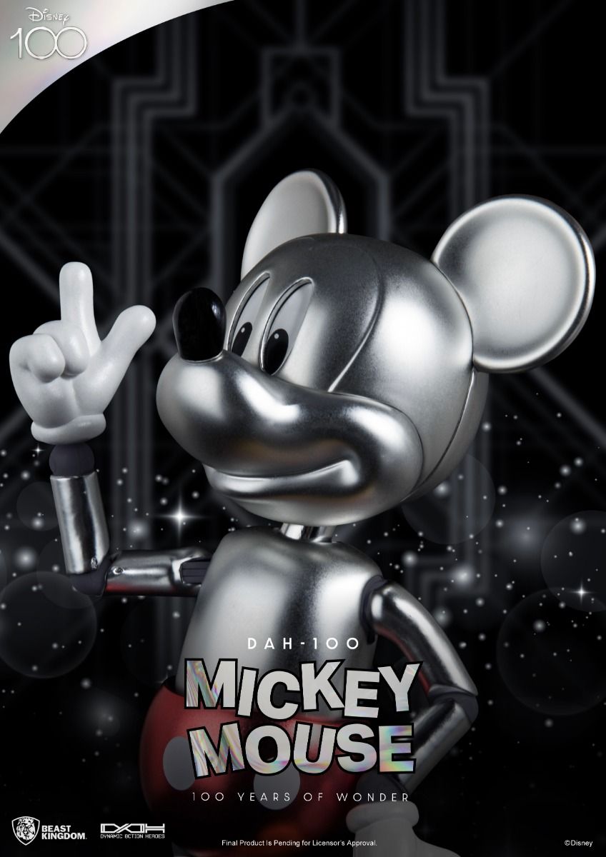 Shiny silver Disney DAH-100 Mickey Mouse action figure against a dark starry background