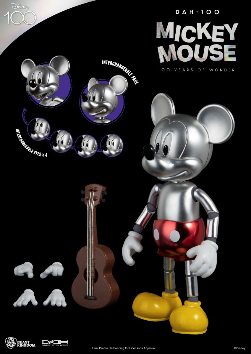 Metallic silver Mickey Mouse collectible figure with interchangeable faces and hands and a brown ukulele