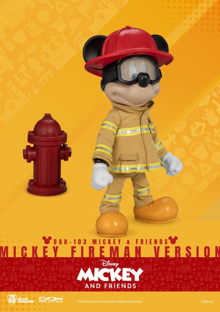 Mickey Mouse in a fireman's suit and red helmet stands beside a red fire hydrant
