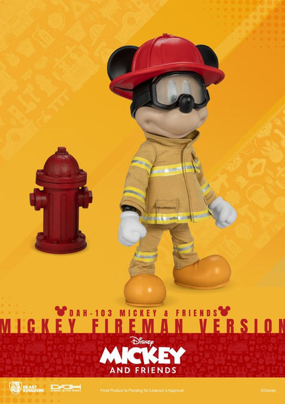 Mickey Mouse in a fireman's suit and red helmet stands beside a red fire hydrant