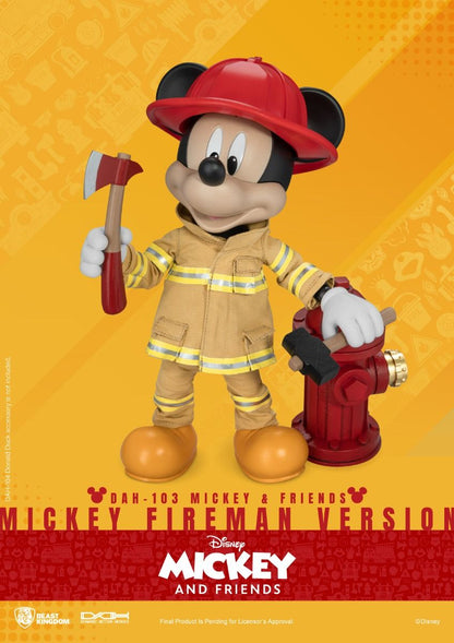 Disney Mickey Mouse DAH-103 Fireman Version collectible figure with red fire helmet and tan fire suit holding a red axe and standing next to a red fire hydrant
