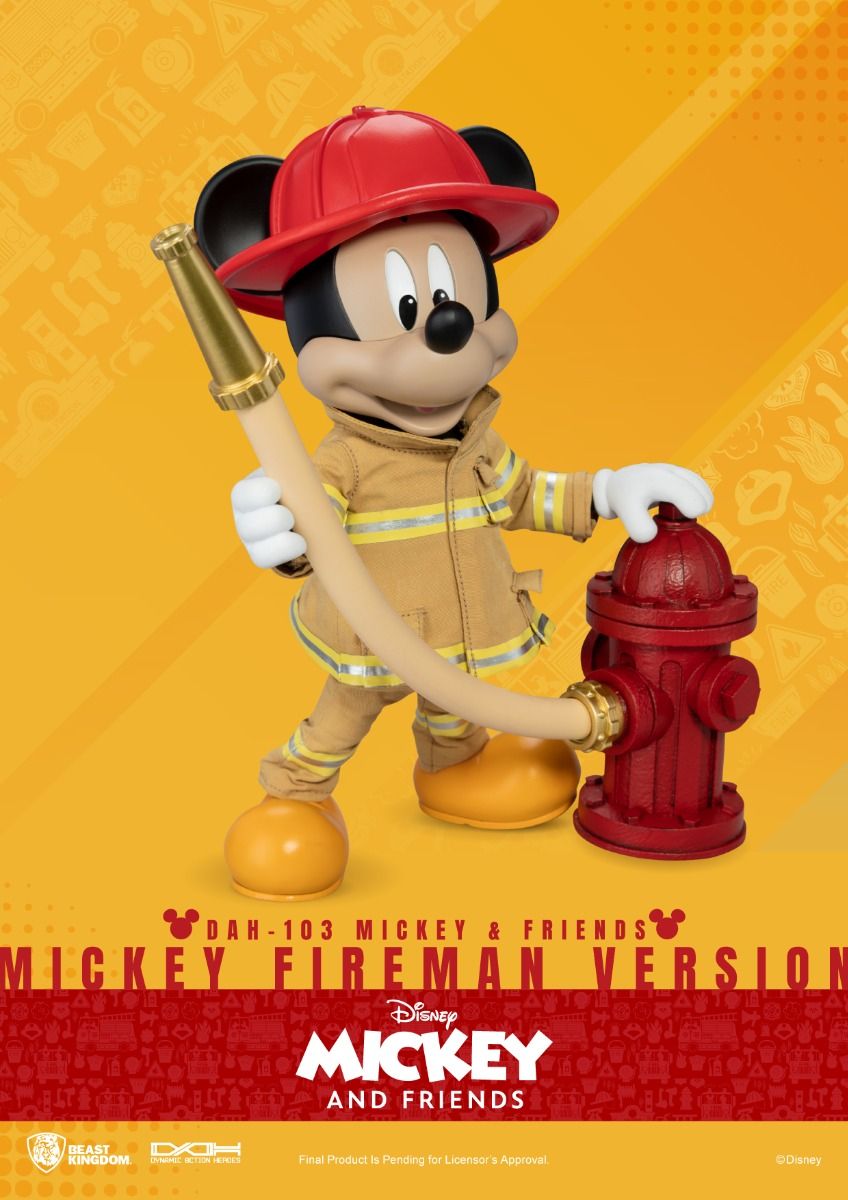 Mickey Mouse in fireman's uniform holding a fire hose connected to a fire hydrant
