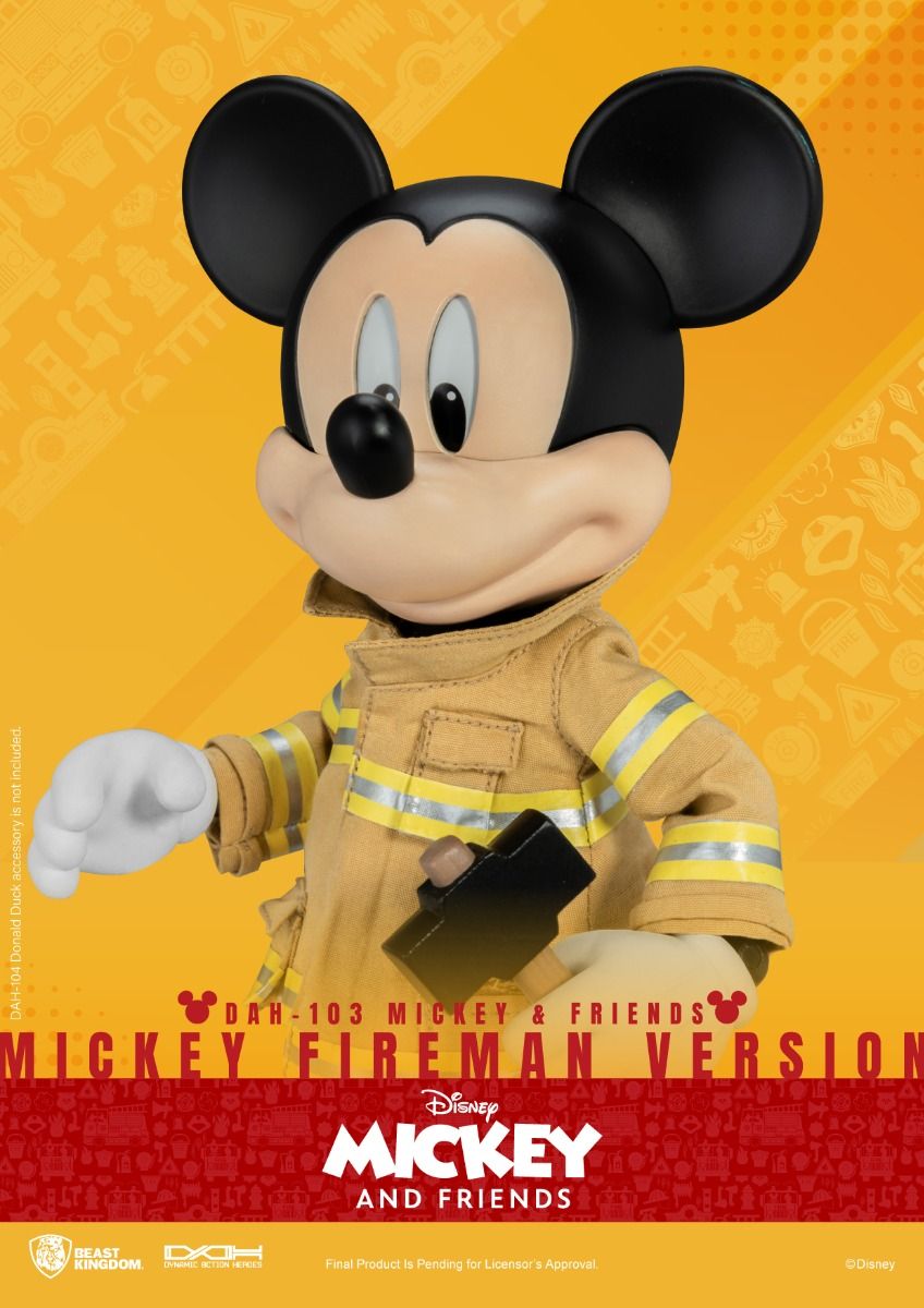 Full shot of a Mickey Mouse action figure wearing a yellow firefighter jacket and white gloves holding a small black object