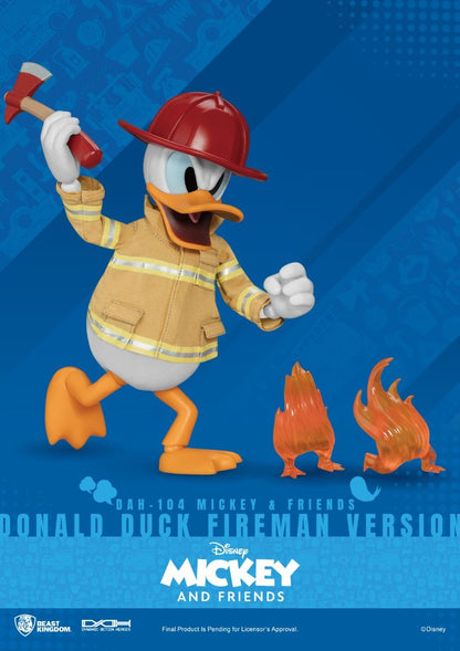 Close-up showing Donald Duck’s expressive face with fireman helmet