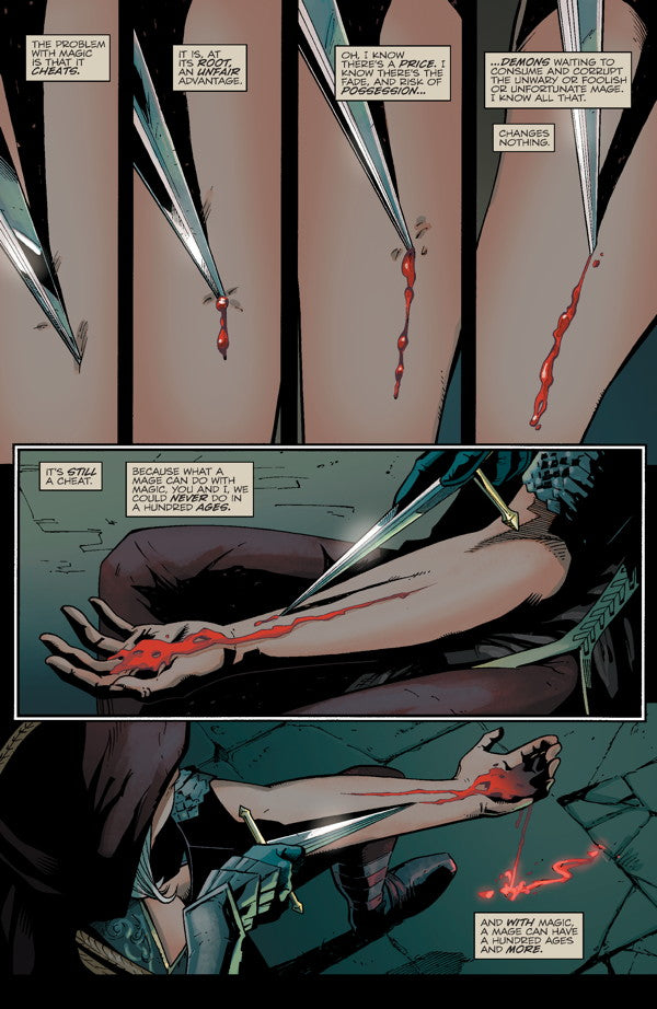 A blade repeatedly pierces a bare arm, drawing blood that flows from the wrist and hand, eventually glowing with a red aura