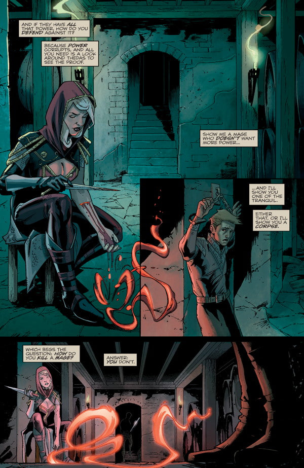 A page from a Dragon Age graphic novel shows a hooded woman cutting her arm to unleash glowing orange magic, a distressed chained man, and a spell being cast towards a shadowy figure