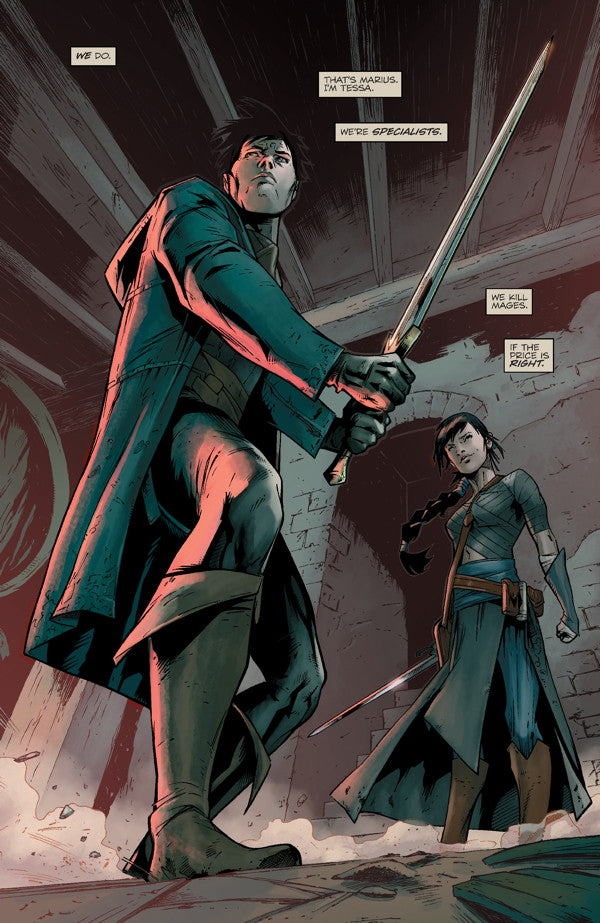 A man with a long sword and a woman stand in a dark, gritty environment in a page from Dark Horse Dragon Age The First Five Graphic Novels
