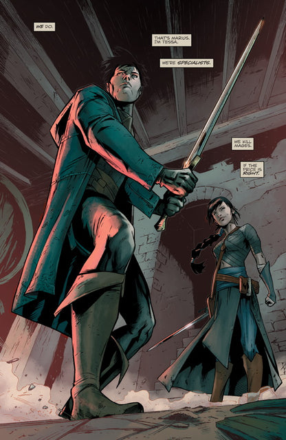 A man with a long sword and a woman stand in a dark, gritty environment in a page from Dark Horse Dragon Age The First Five Graphic Novels