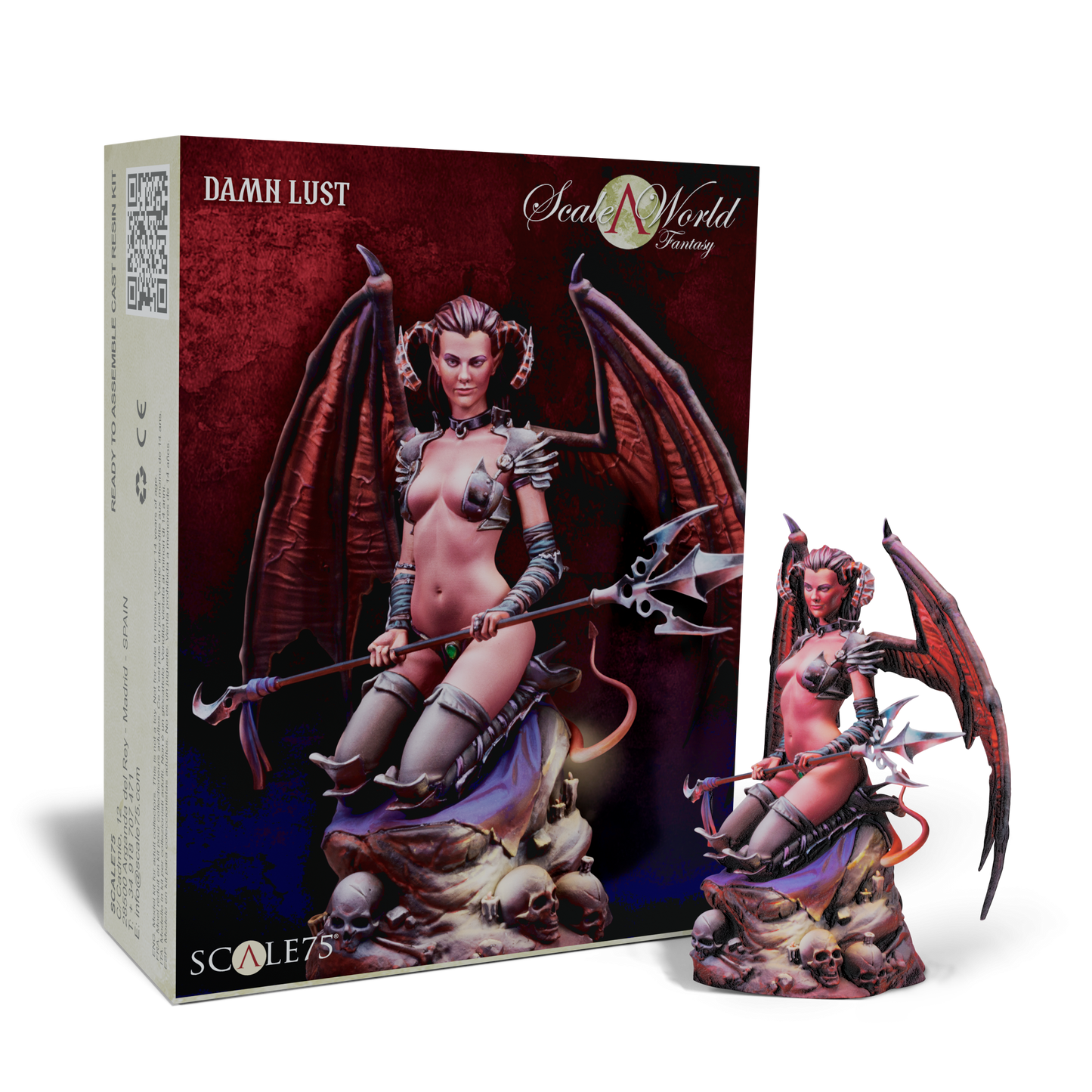 Box and painted model of Scale 75's 'Damn Lust' resin kit: a horned, winged demoness holding a trident, seated on skulls.