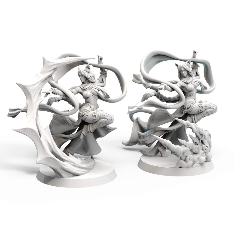 Two unpainted grey fantasy miniatures of women with animal ears, leaping amidst flowing ribbons and stylized elemental bases
