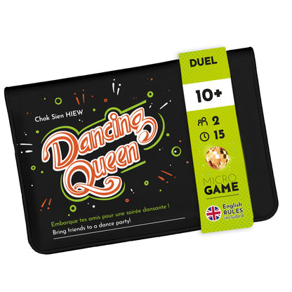 A black "Dancing Queen" game box, featuring a neon title, disco graphics, and a green label