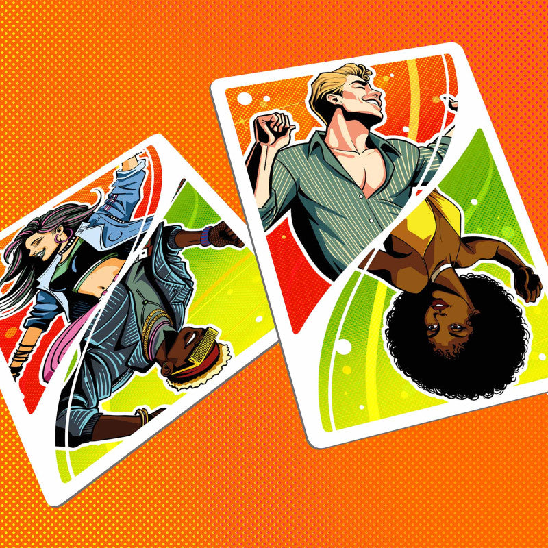Two colorful stylized playing cards showing dynamic, inverted figures in dance poses