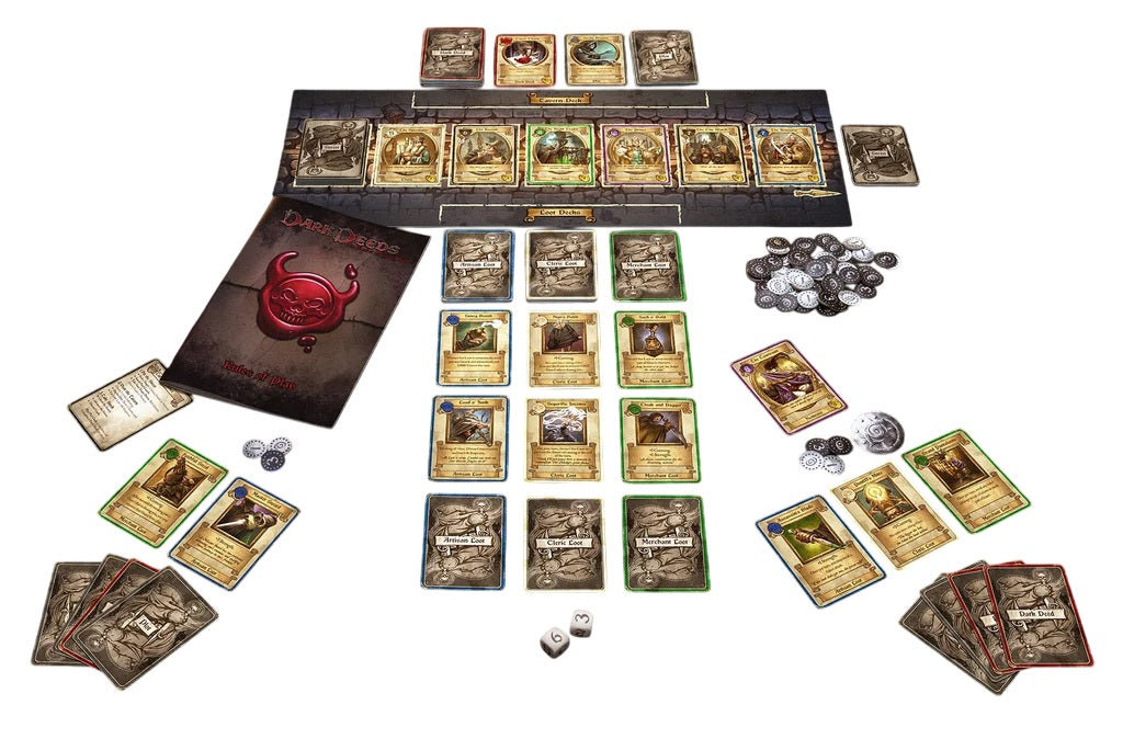 Dark Deeds board game laid out: game board, various cards, rulebook, tokens, and dice on a white background