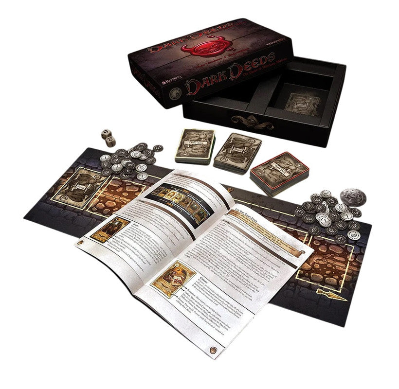 Dark Deeds board game components displayed: open box, open rulebook, cards, tokens, dice, and game board sections