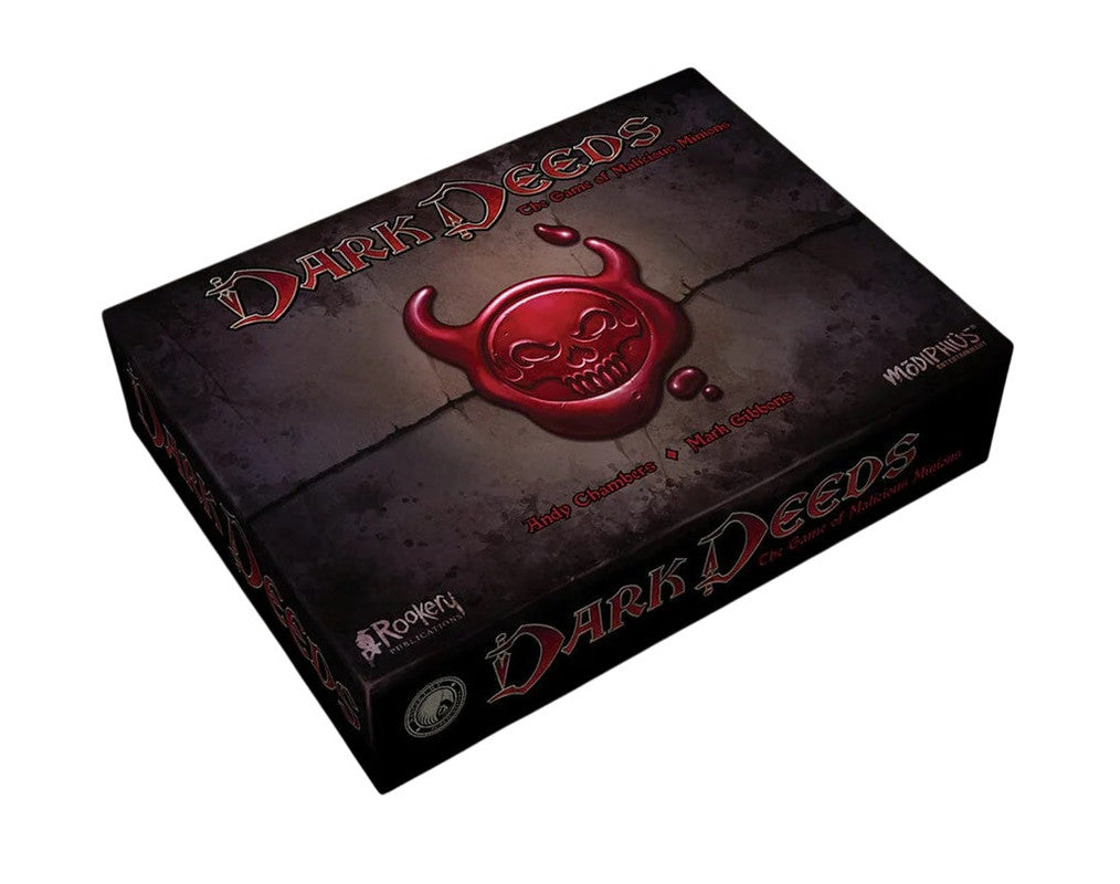 Angled view of the &#39;Dark Deeds&#39; board game box, featuring a red skull wax seal on a dark background