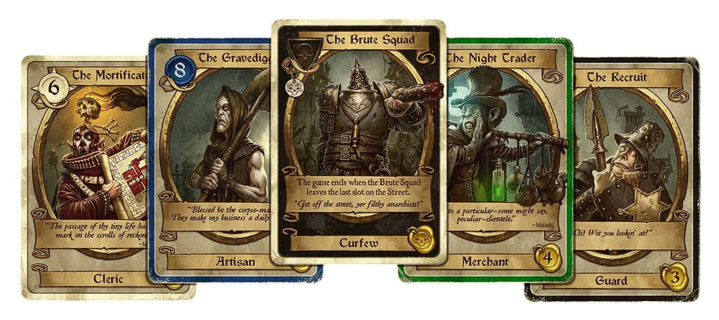 Dark Deeds: Five fantasy-themed game cards with dark, detailed character art and titles, arranged in a fan