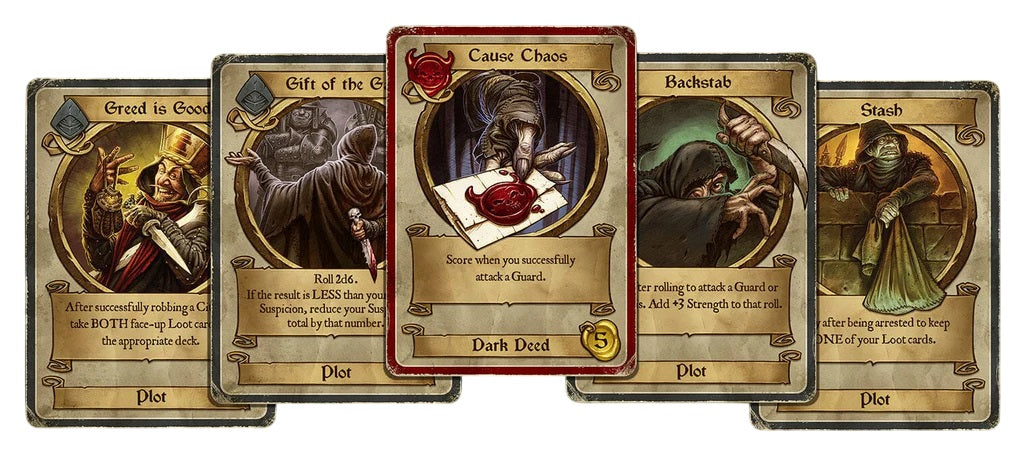 Dark Deeds: Five fantasy-themed game cards fanned out, featuring shadowy rogue characters, the central card shows a hand dropping a wax-sealed document