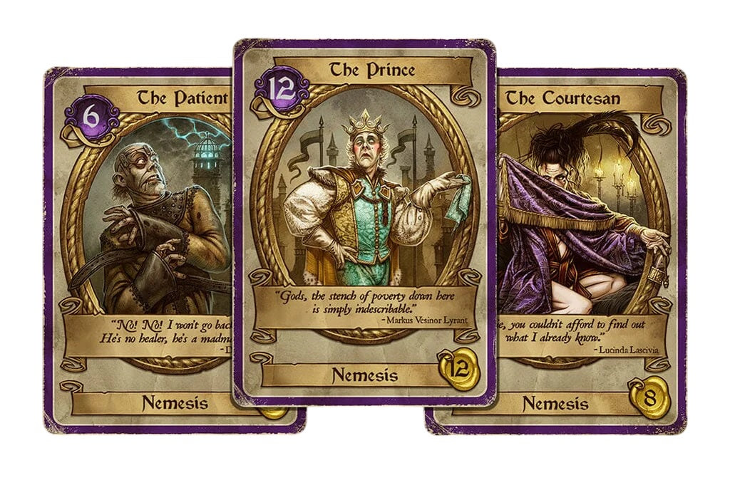 Dark Deeds: Three ornate fantasy cards: &#39;The Patient&#39; (terrified man), &#39;The Prince&#39; (disgusted royal), &#39;The Courtesan&#39; (seductively draped woman)