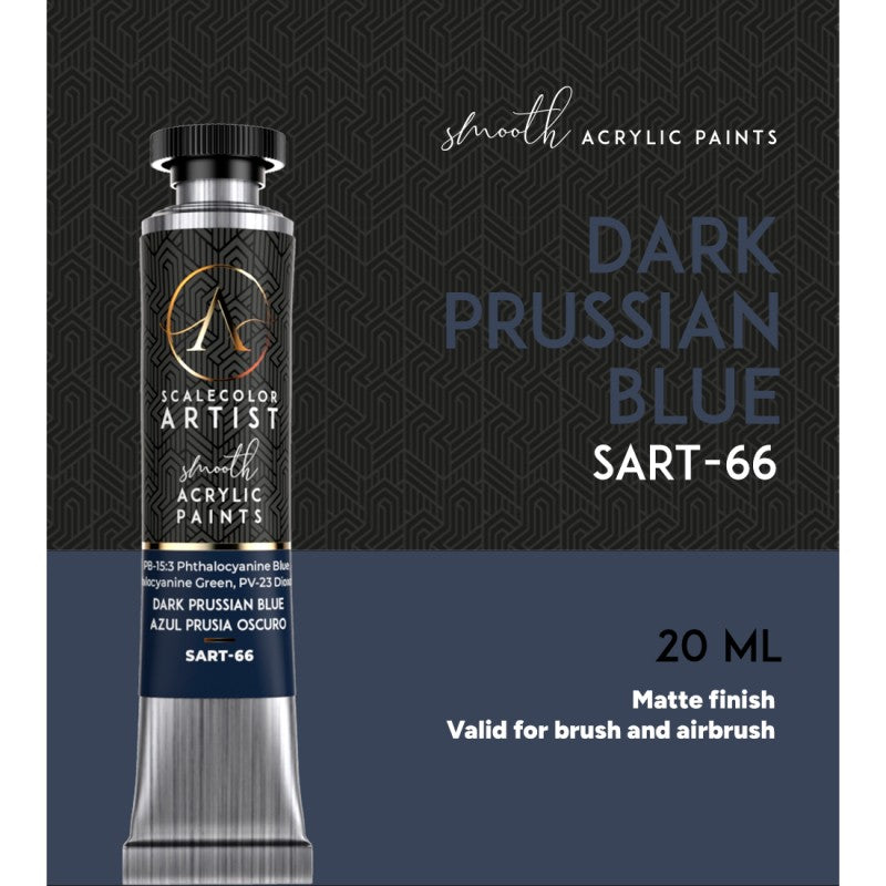 A tube of Scalecolor Artist Smooth Dark Prussian Blue acrylic paint, 20 ML, with a matte finish.