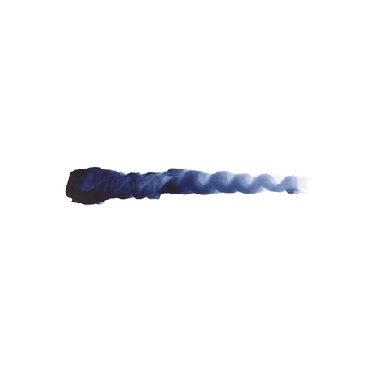 A dark blue watercolor brushstroke on white, fading to light blue and becoming wavy towards the right.