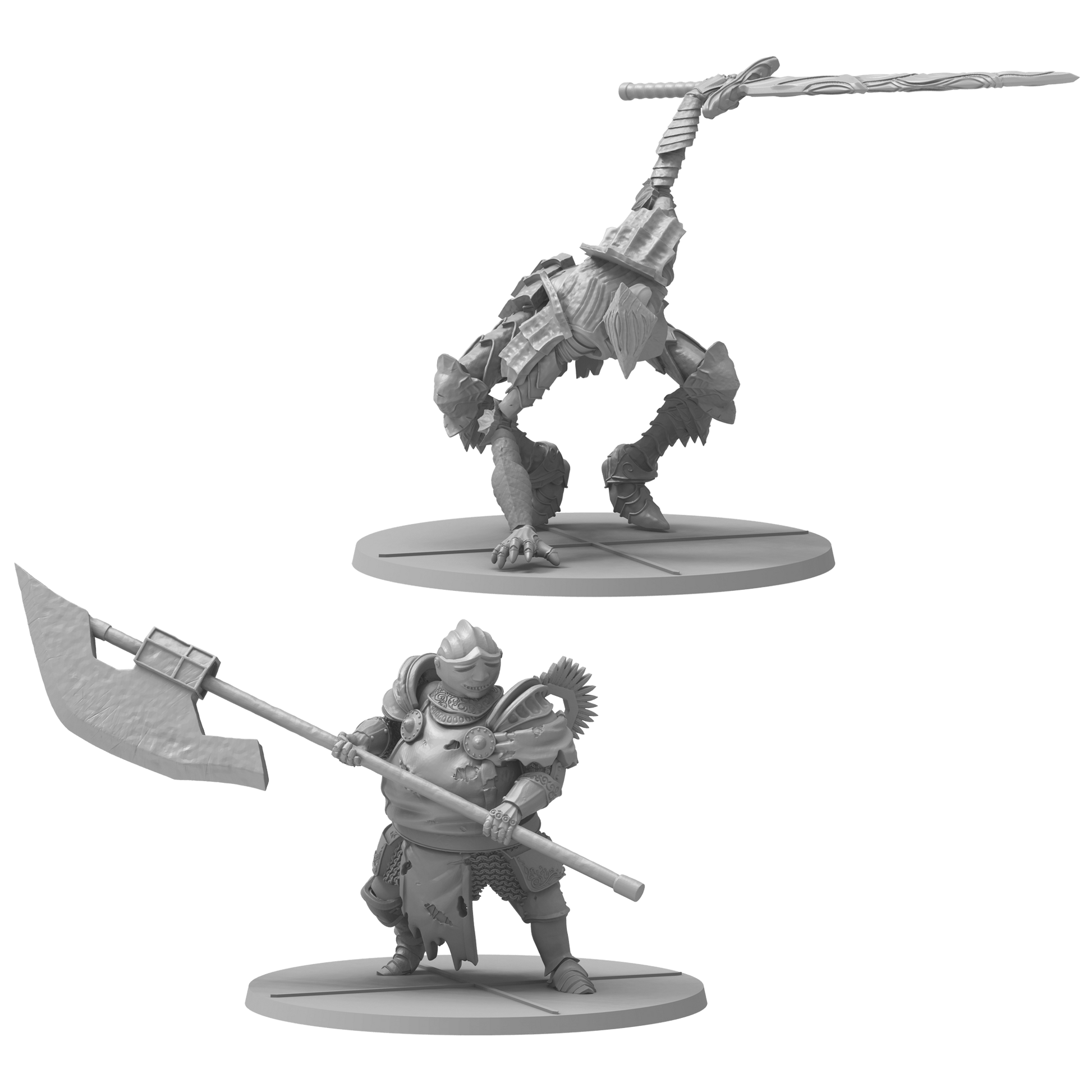 Two grey fantasy miniatures: a spear-wielding armored creature dramatically leaning, and an axe-wielding stout knight