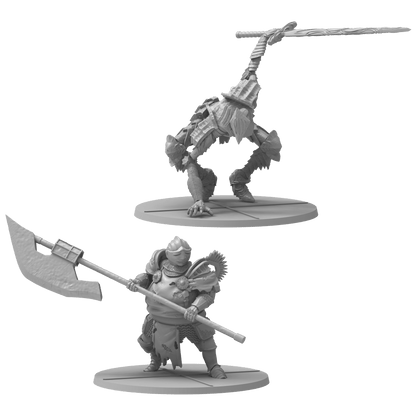 Two grey fantasy miniatures: a spear-wielding armored creature dramatically leaning, and an axe-wielding stout knight