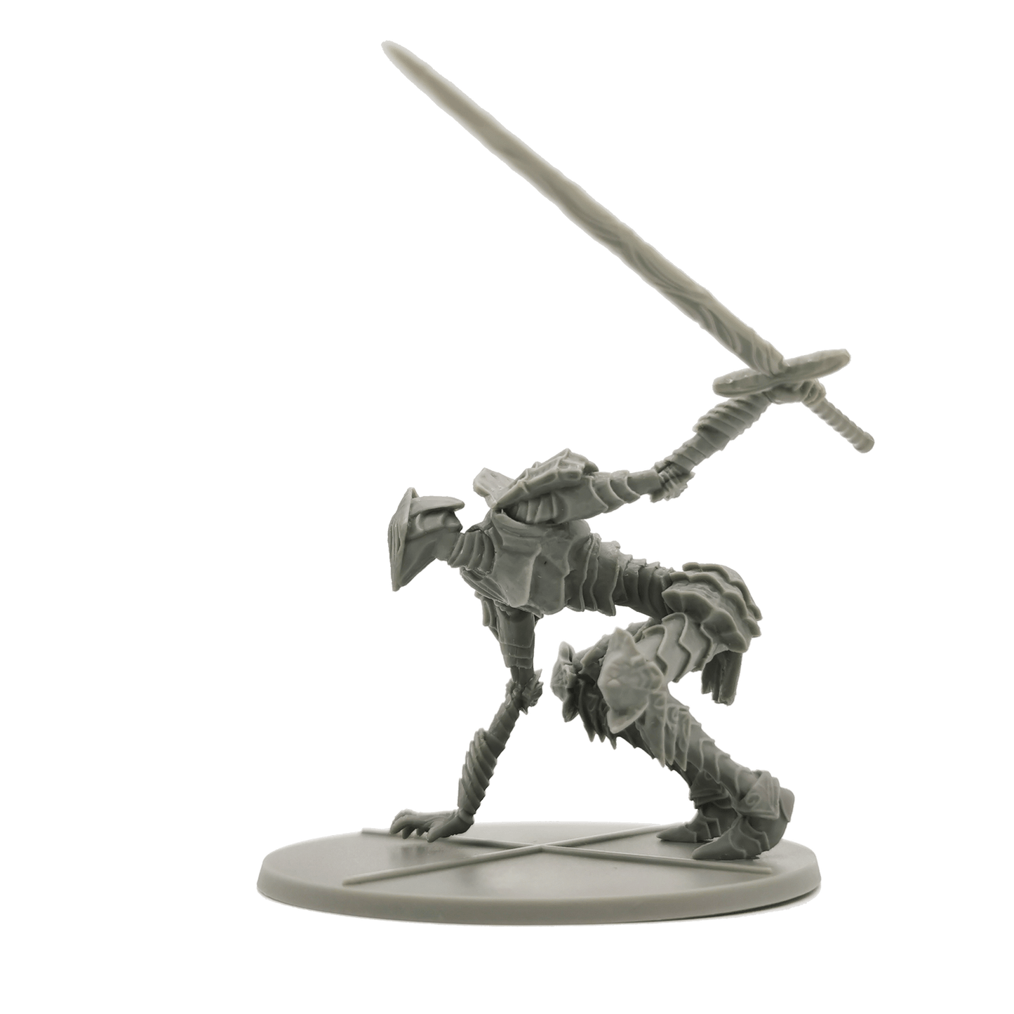 Grey armored knight miniature, sword raised, in a dynamic attack pose