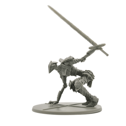 Grey armored knight miniature, sword raised, in a dynamic attack pose