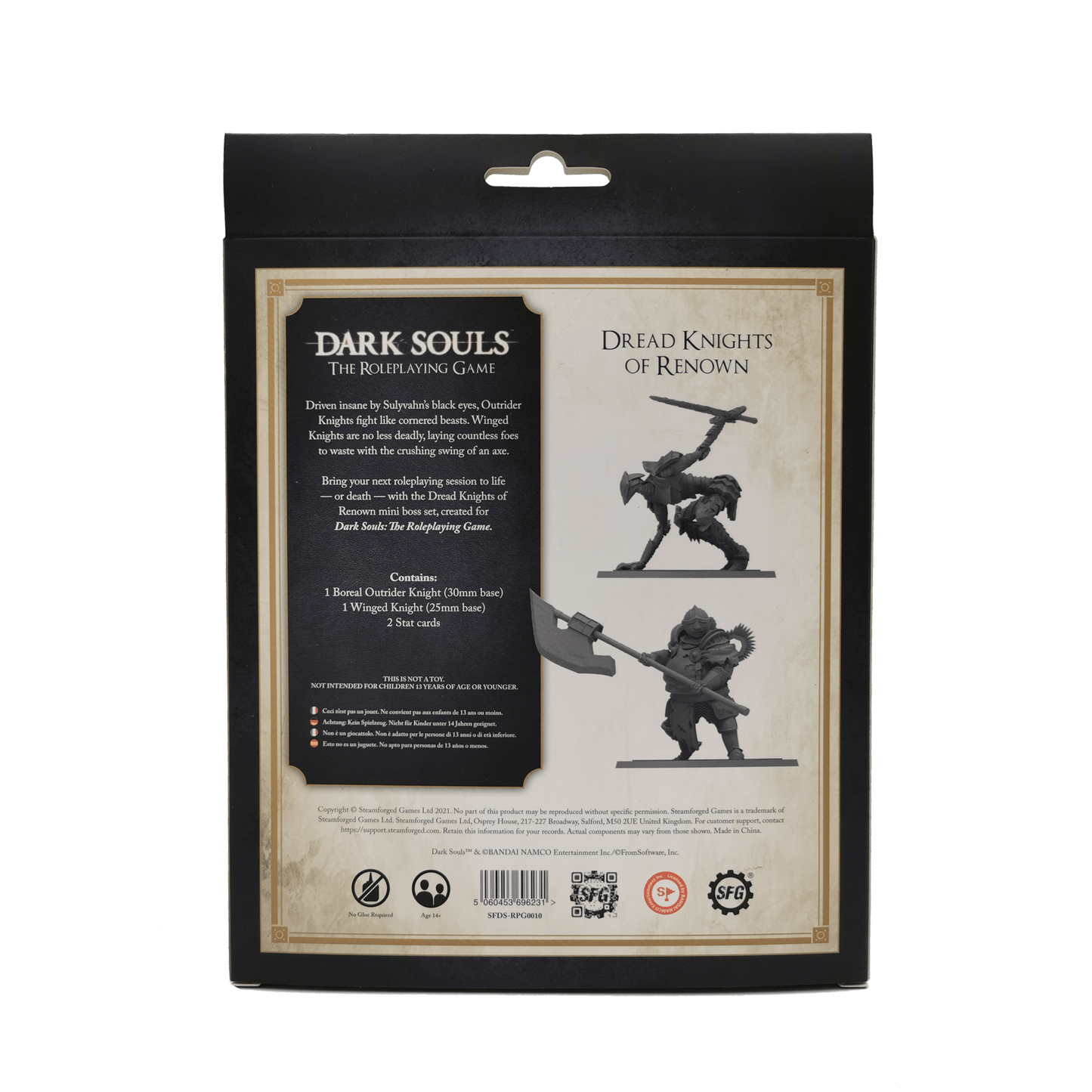 Back of Dark Souls RPG box, showing two Dread Knights of Renown miniature