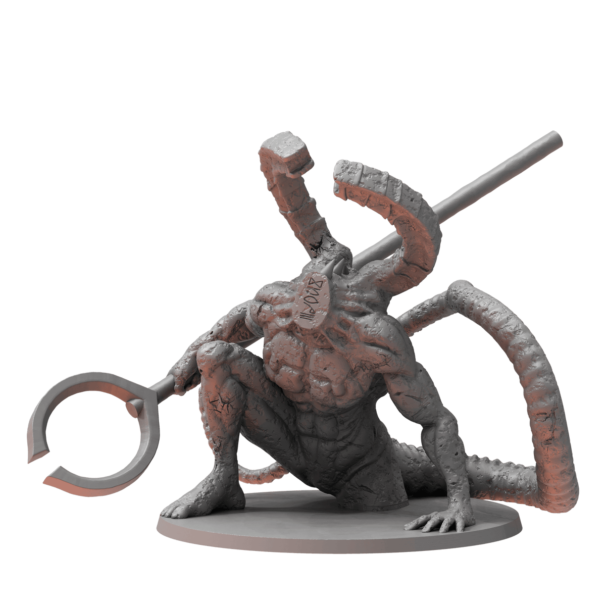 A textured grey monster model with curved horns, holding a large C-shaped staff