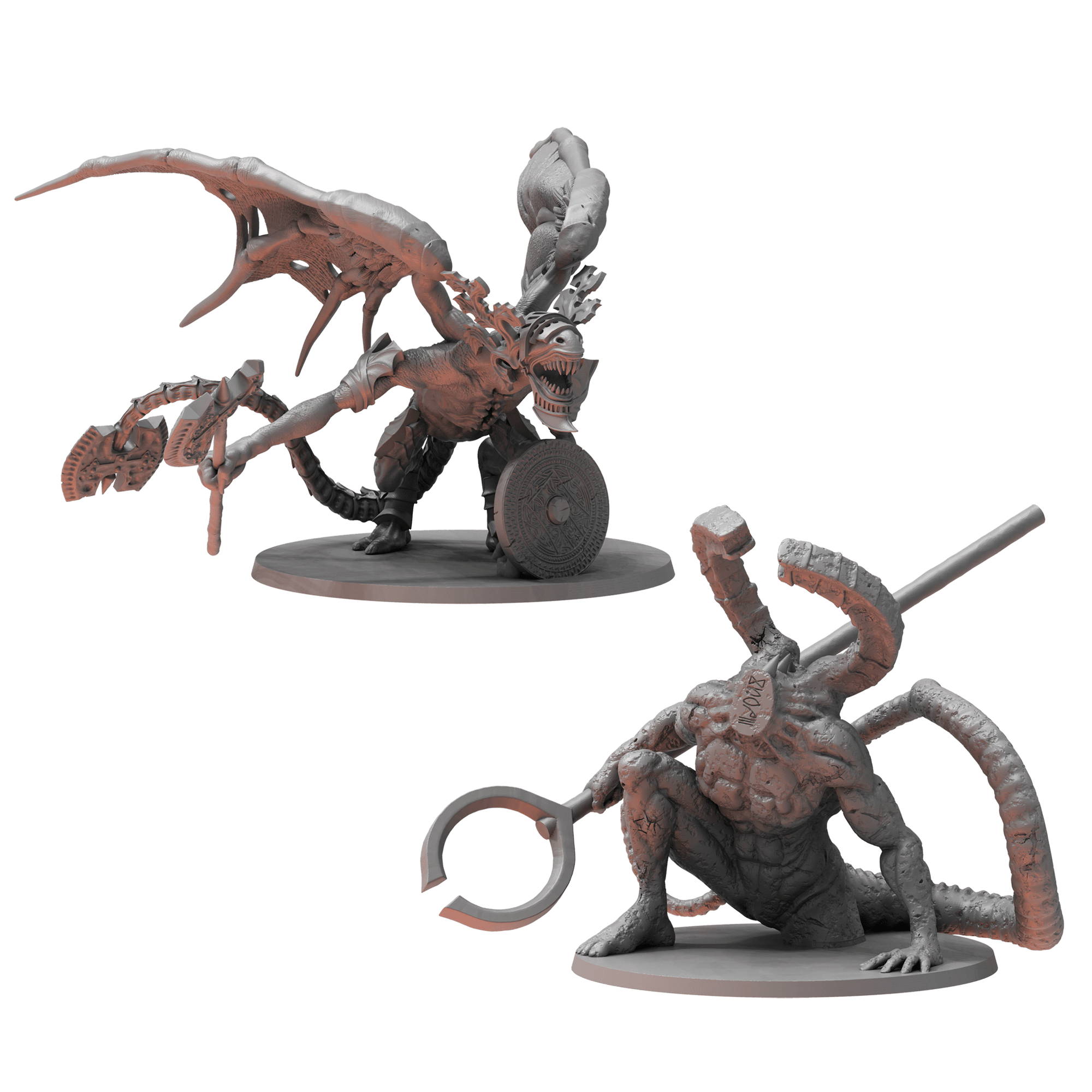 Two grey 3D fantasy miniatures: a winged monster with a shield and a tentacled one