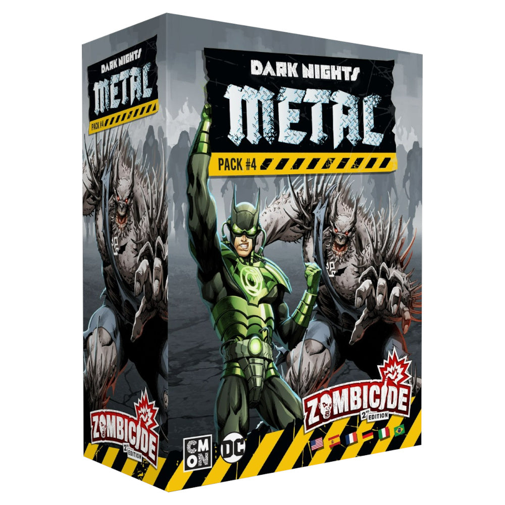 Zombicide: Dark Nights Metal Pack #4 game box artwork, showing Green Lantern Batman and two monstrous zombies