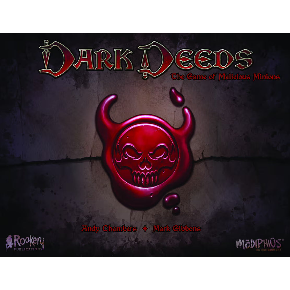 A glossy red wax seal with a horned skull design on a dark background. Text reads: &quot;Dark Deeds: The Game of Malicious Minions&quot;