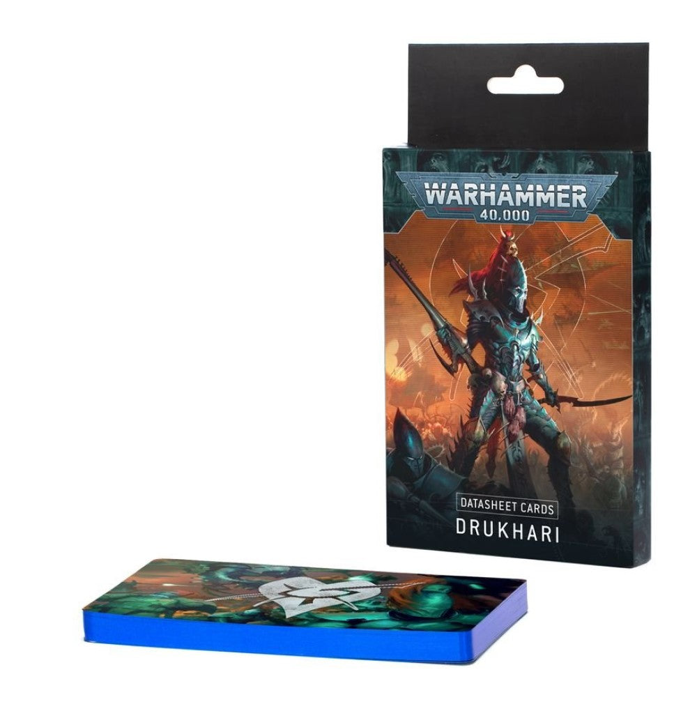 Warhammer 40K Drukhari Datasheet Cards box with armoured alien artwork and a separate stack of blue-edged cards