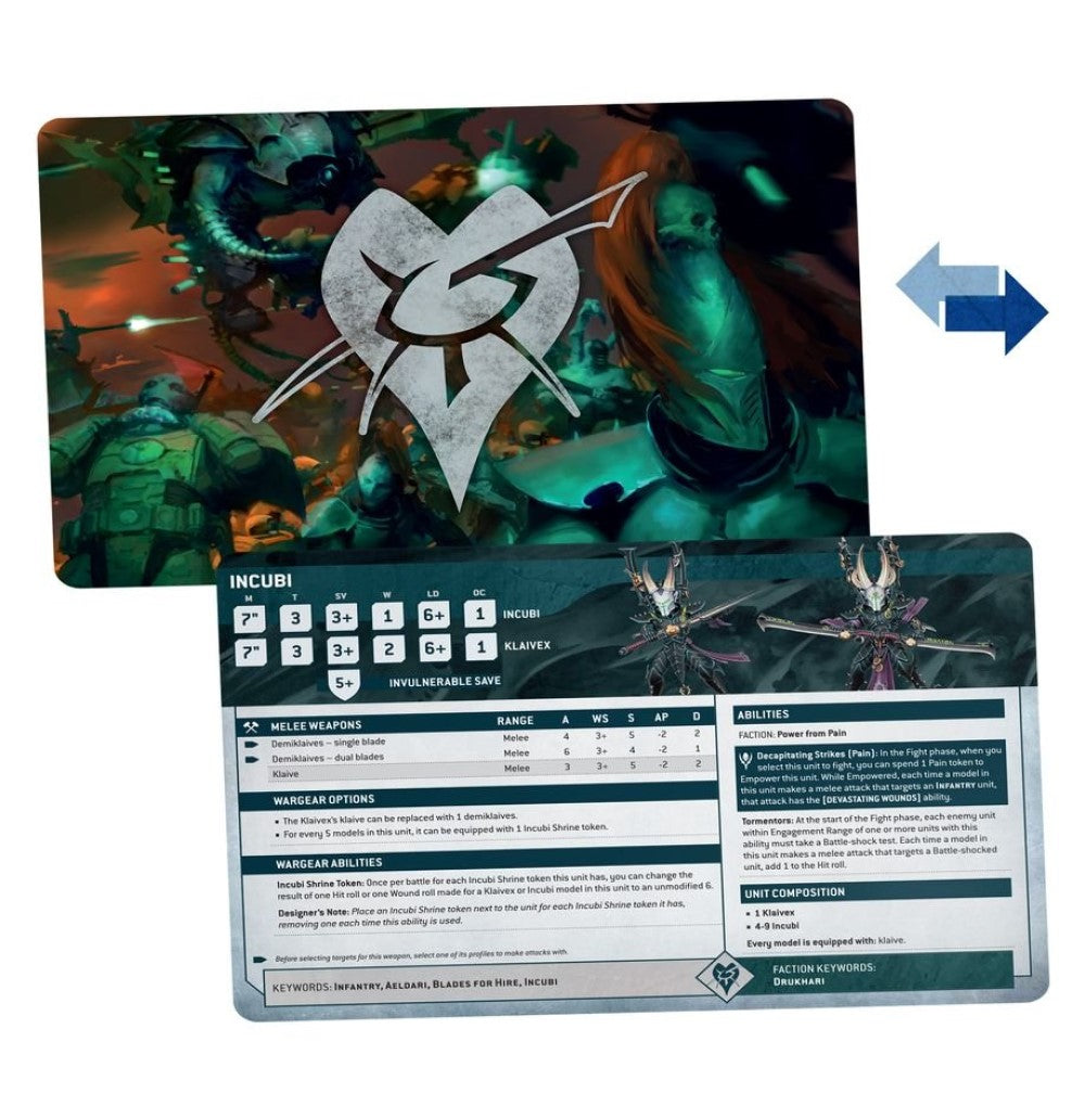Warhammer 40K Incubi unit datasheet card showing stats, abilities and Drukhari character artwork