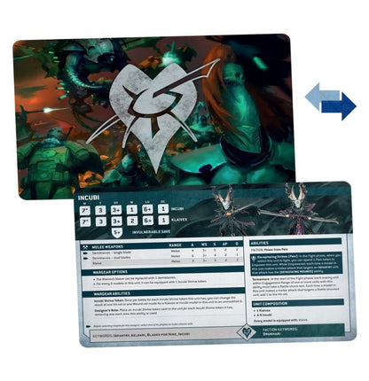 Warhammer 40K Incubi unit datasheet card showing stats, abilities and Drukhari character artwork