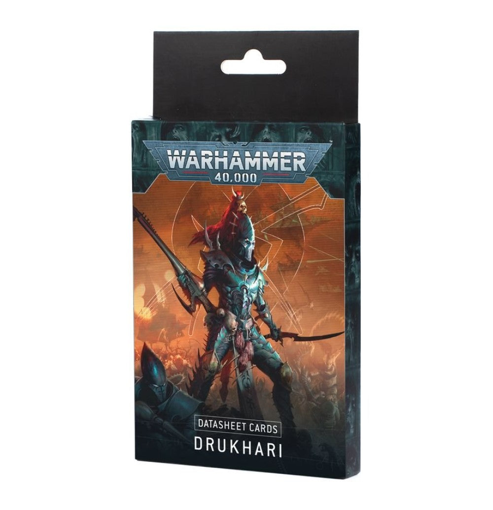 Warhammer 40,000 Datasheet Cards: Drukhari. Box art shows an armoured alien warrior with a rifle