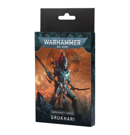 Warhammer 40,000 Datasheet Cards: Drukhari. Box art shows an armoured alien warrior with a rifle