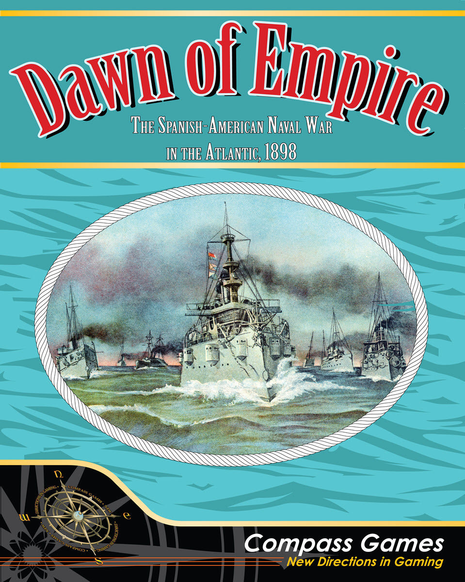 Game cover for 'Dawn of Empire,' showing multiple 1898-era naval warships steaming through rough seas
